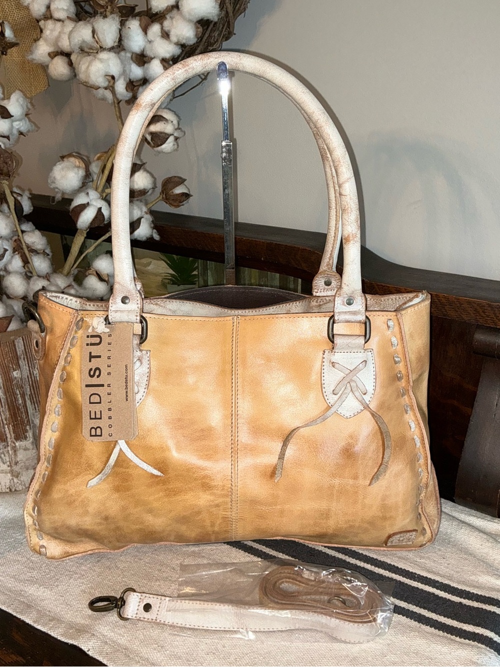 NWT Bed Stu Rockababy Leather Crossbody Satchel Bag Cashew Nectar Lux MSRP $295